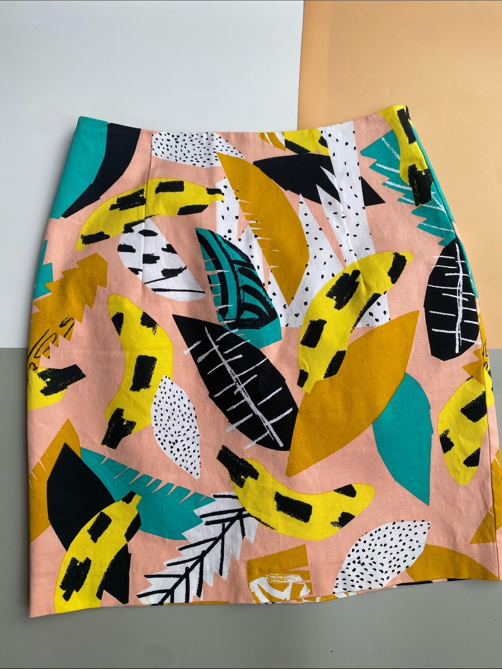 gorman Peach Mini Skirt with Yellow, Teal & Black Leaf Print